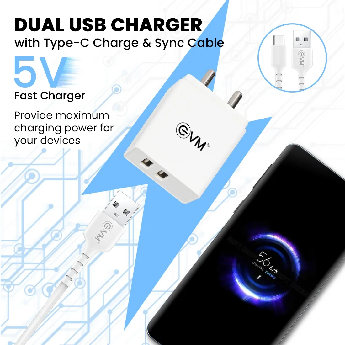 EVM Mobile Charger With Cable (USB to Type-C) Dual USB 12W view 5